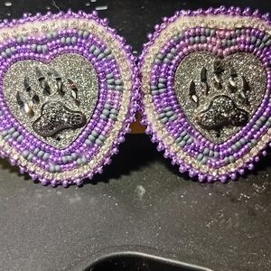 Purple and Silver Beaded Heart Earrings